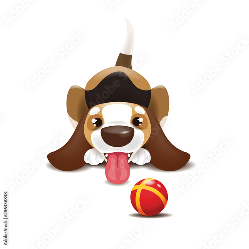 Vector illustration of a puppy who brought a ball and wags its tail. The puppy wants to play.
