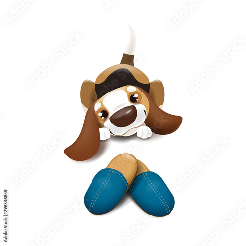 Vector illustration of a puppy who brought slippers and wags his tail.