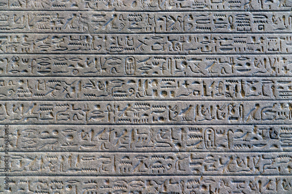 Egyptian hieroglyphs on the wall. Ancient letter pattern in cold grey colors