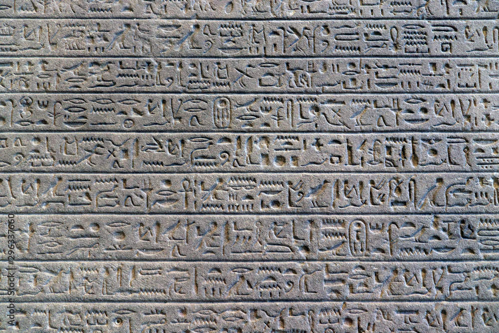Egyptian hieroglyphs on the wall. Ancient letter pattern in cold grey colors Egyptian hieroglyphs on the wall. Ancient letter pattern in cold grey colors
