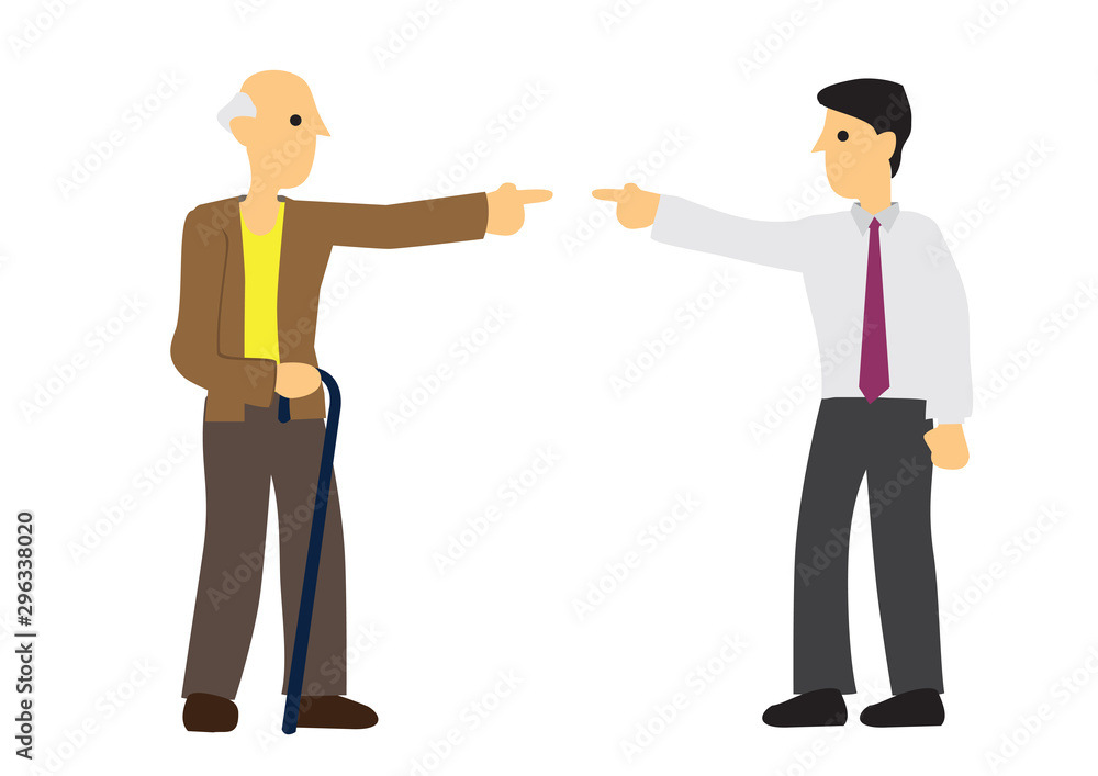 Argument between old man and young man. Concept of discrimination or prejudice or unfairness. Argument between old man and young man. Concept of discrimination or prejudice or unfairness.