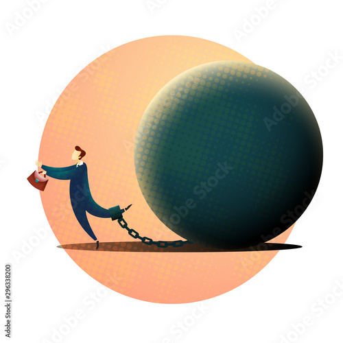 Businessman is chained to a big weight, concept of big taxes.