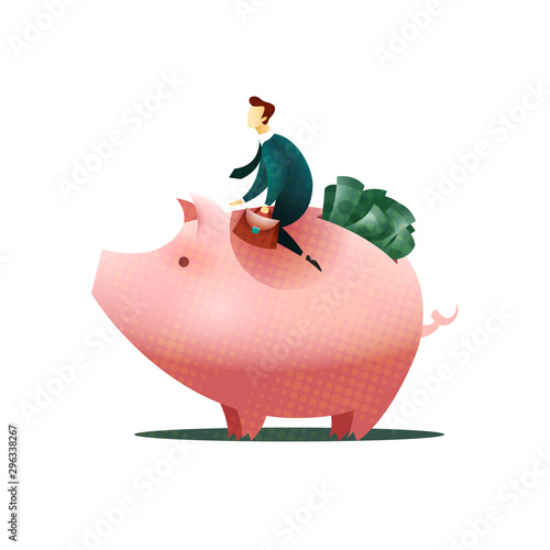 Businessman sitting on a piggy bank full of money.