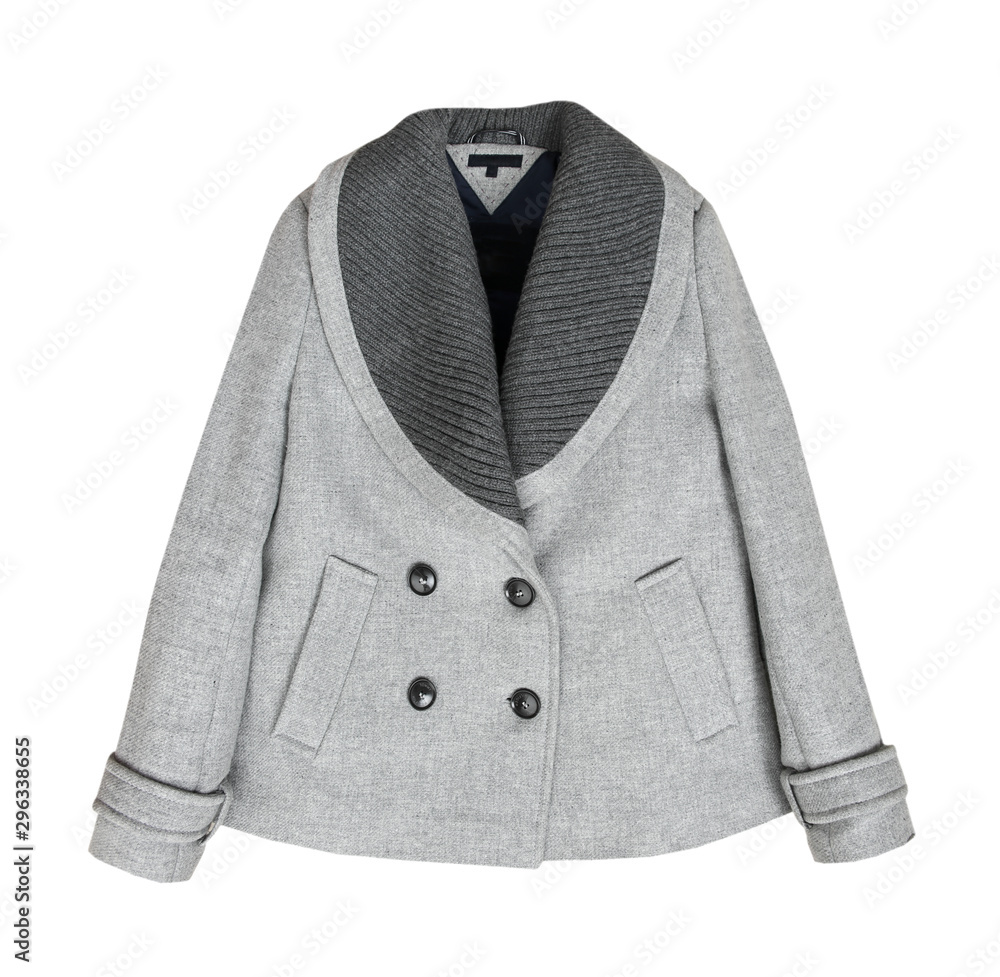 Grey jacket isolated on white.Woman's winter outwear. Grey jacket isolated on white.Woman's winter outwear.