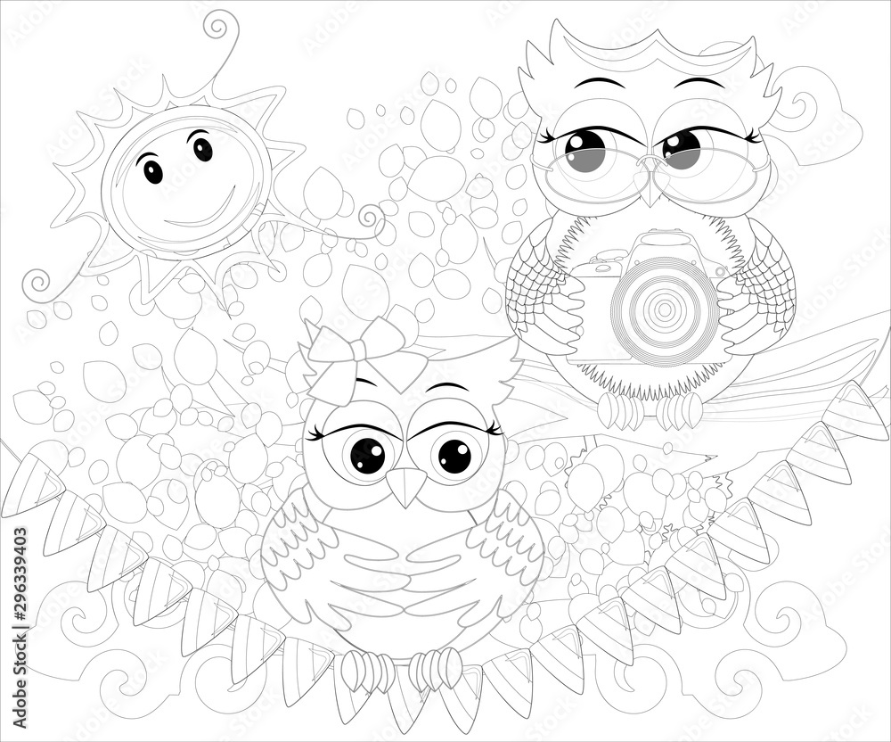 Obraz premium Doodles design of a photographer owl taking photo. coloring book for adult, card,poster,banner