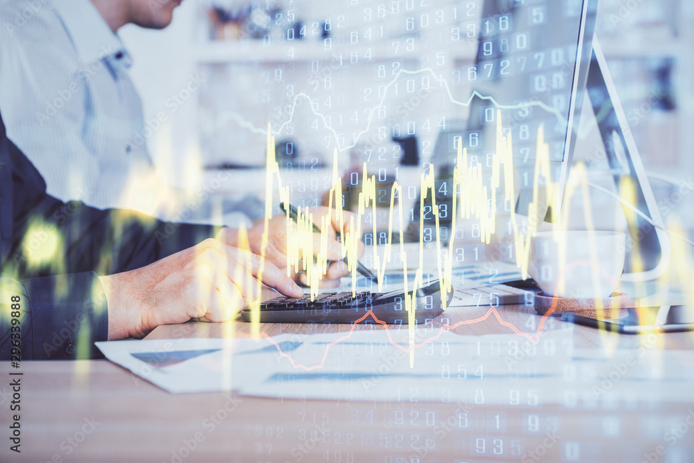 Forex graph with businessman working on computer in office on background. Concept of hardworking. Closeup. Multi exposure. Forex graph with businessman working on computer in office on background. Concept of hardworking. Closeup. Multi exposure.