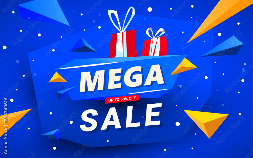 Mega Sale banner template design, Big sale special offer with red surprise box with ribbon bow