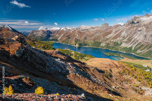 view of Lake Sils from Furtschellas in Engadin in Autumn photo