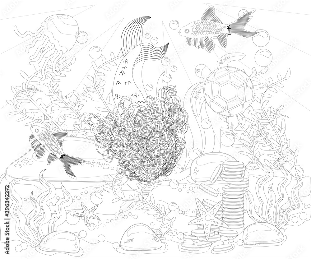 Naklejka premium Coloring book for children: little mermaid and sea world