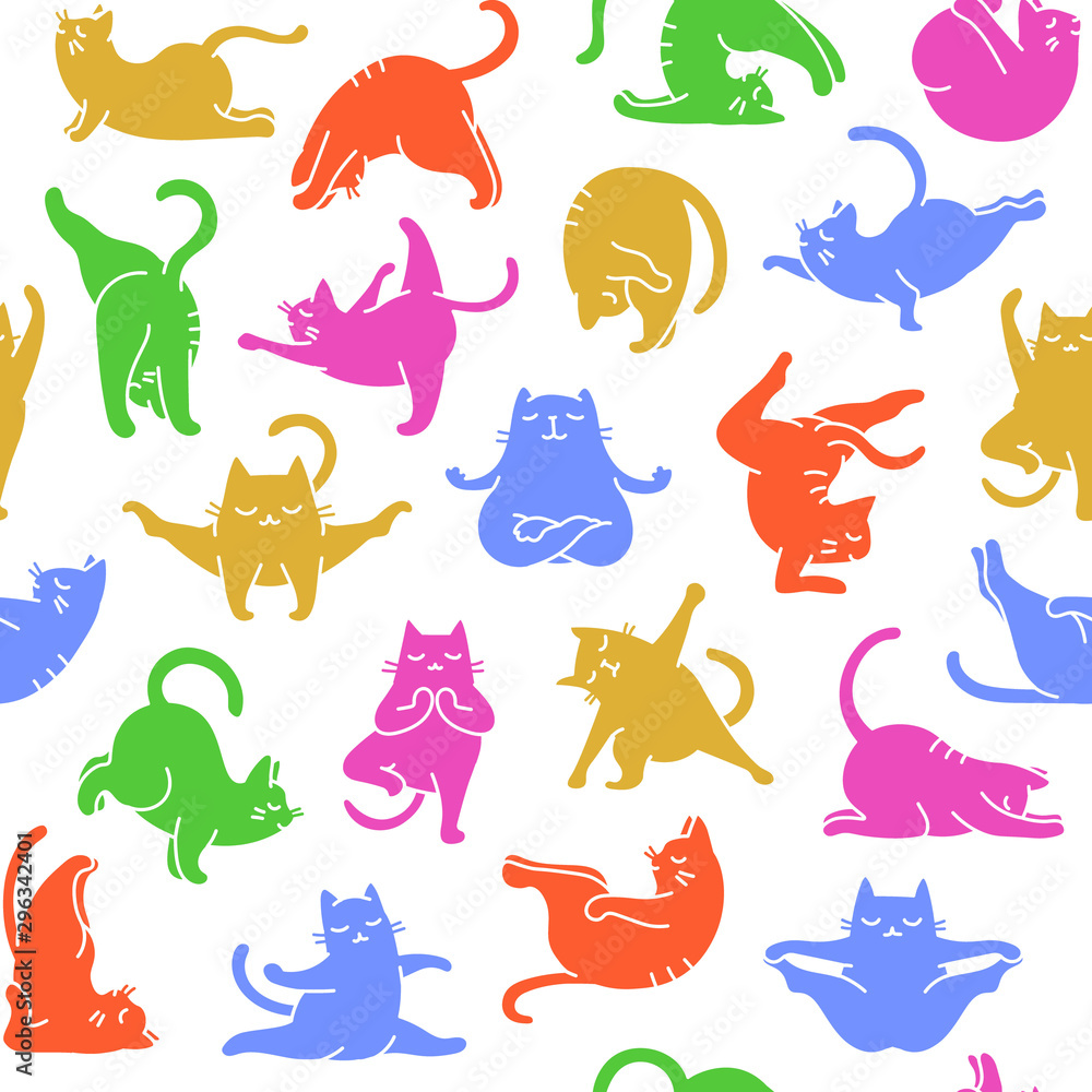 Fototapeta premium Cartoon Doodle Comic Colorful Outline Vector Seamless Pattern And Background Of Zen Meditating Cats In Yoga Pose and Asana, Namaste