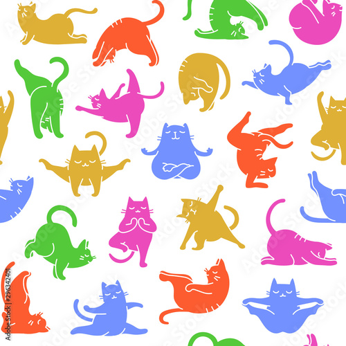 Cartoon Doodle Comic Colorful Outline Vector Seamless Pattern And Background Of Zen Meditating Cats In Yoga Pose and Asana, Namaste