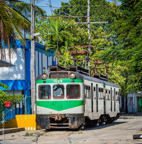 Old fashioned electric train, still running, in Havana, Cuba