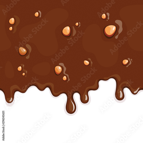 Vector illustration of milk chocolate with nuts which is flowing down