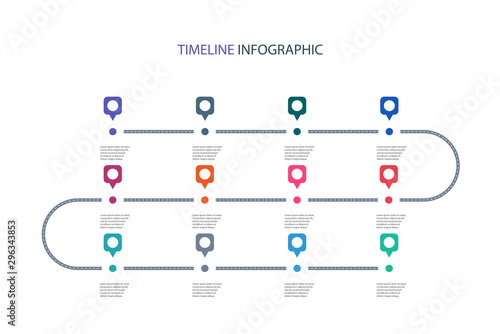 Road map business timeline infographic with 12 step pins. Can be used for business concept, presentation, web design, banners, diagram, workflow, timeline. Vector eps 10