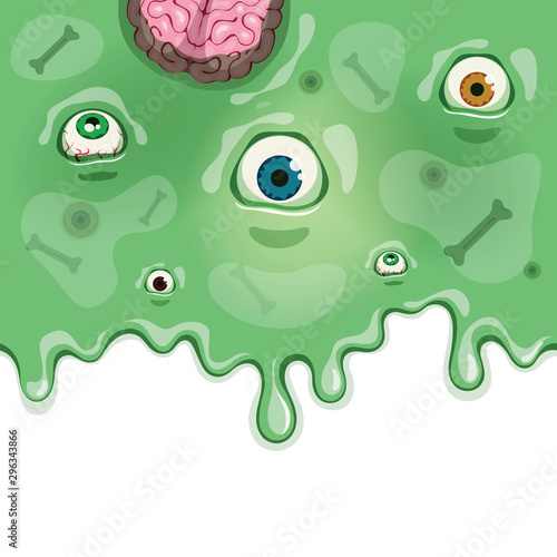 Vector illustration of oozing slime with eyeballs  human bones and brain. Halloween zombie background.