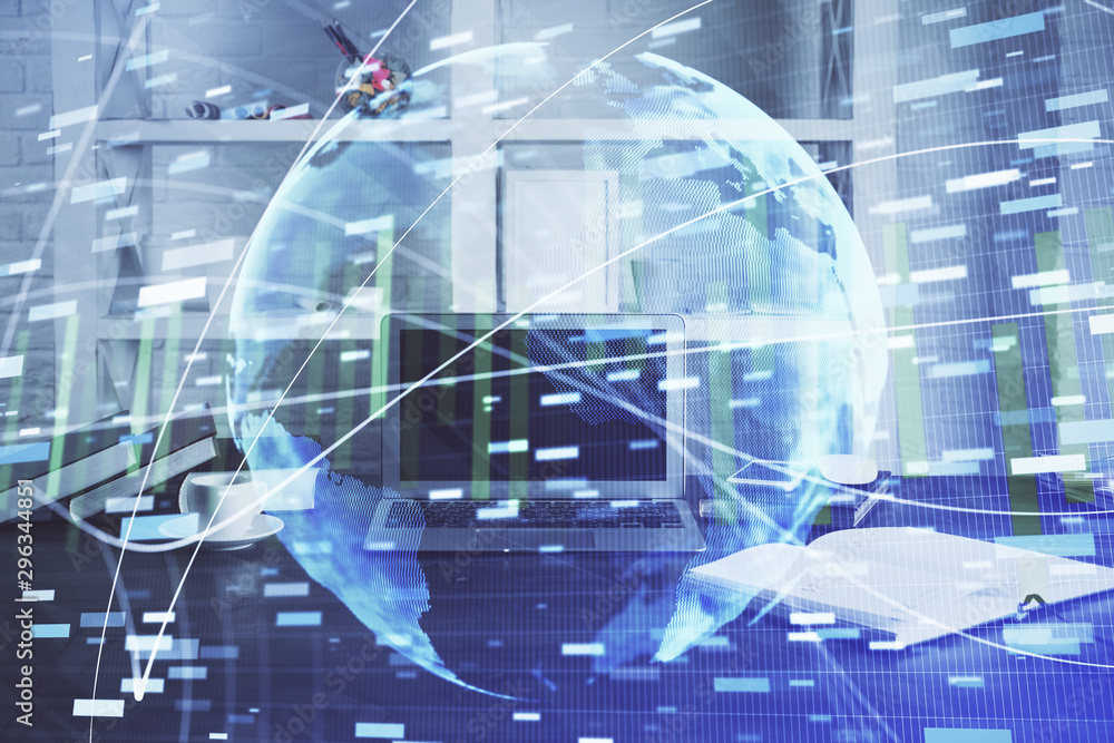 Multi exposure of business theme icons and table with computer background. Concept of success. Multi exposure of business theme icons and table with computer background. Concept of success.