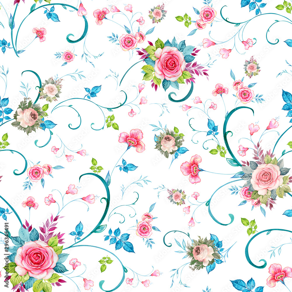 Watercolor seamless pattern of branches and flowers