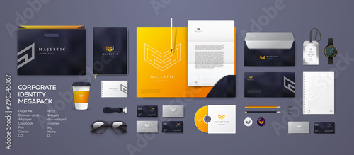 Corporate branding identity design. Stationery mockup vector megapack set. Template for industrial or technical company. Folder and A4 letter, visiting card and envelope. Triangular geometric logo.