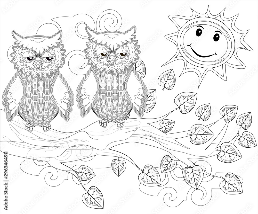 Coloring pages. Birds. Cute owl sits on the tree.