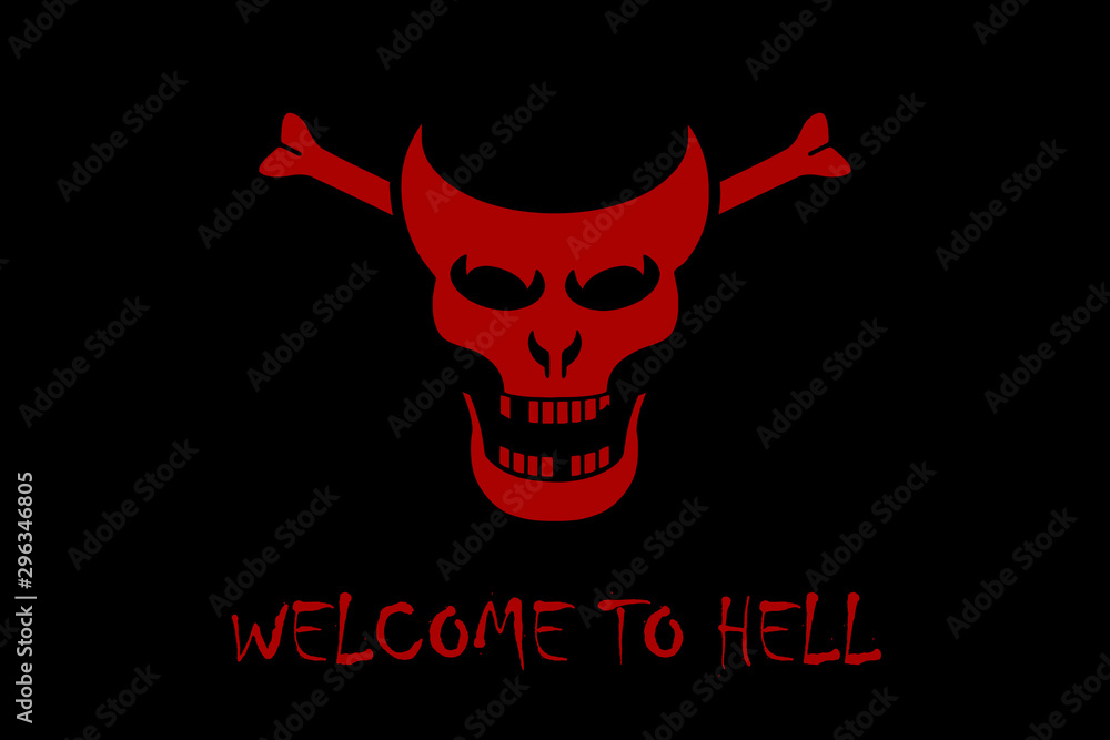 Stylized red skull of a demon on a black background with the text welcome to hell