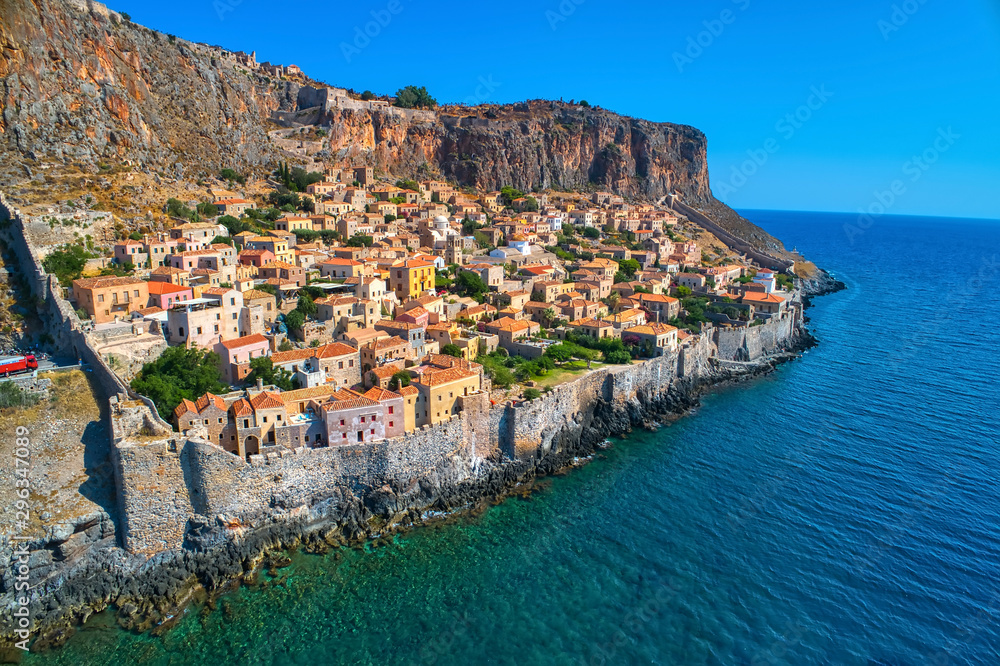 Aerial view of the old town of Monemvasia in Lakonia of Peloponnese, Greece.