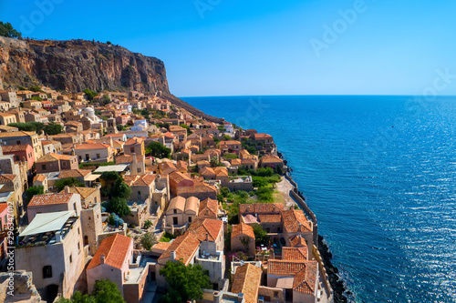 Aerial view of the old town of Monemvasia in Lakonia of Peloponnese, Greece. photo