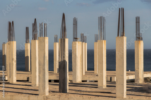 concrete pillars with sea in the background, concrete formwork