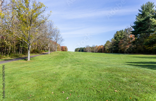 green grass golf course in fall with autumn leaves and trees © Spartaneyes
