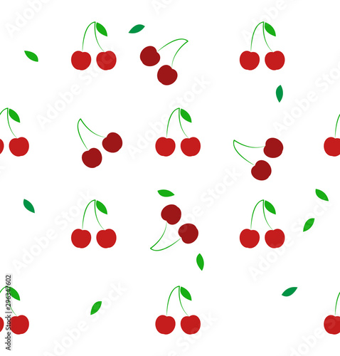 Seamless cherry pattern on a white background. Background of red cherries. Vector.
