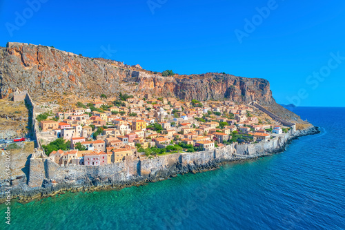 Aerial view of the old town of Monemvasia in Lakonia of Peloponnese, Greece. photo