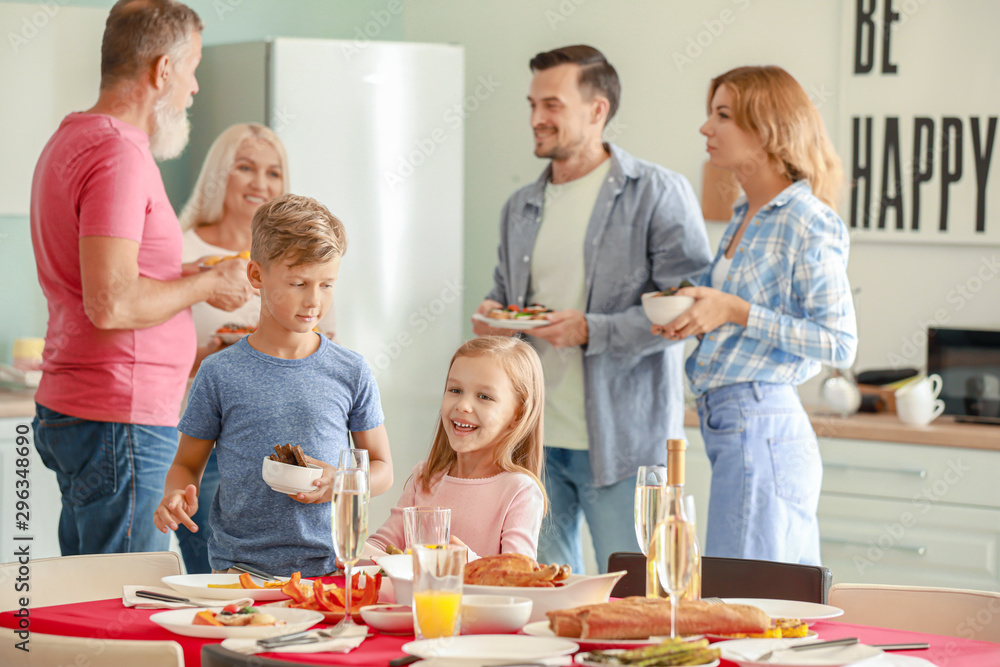Big family serving table for dinner at home Big family serving table for dinner at home