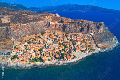 Aerial view of the old town of Monemvasia in Lakonia of Peloponnese, Greece. photo