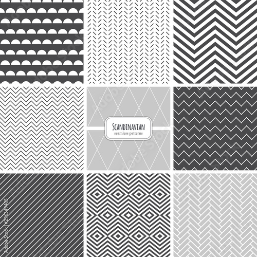 Cute set of Scandinavian geometric seamless patterns in neutral palette colors, vector illustration
