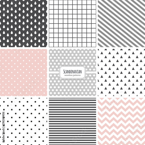 Cute set of Scandinavian geometric seamless patterns in neutral palette colors, vector illustration