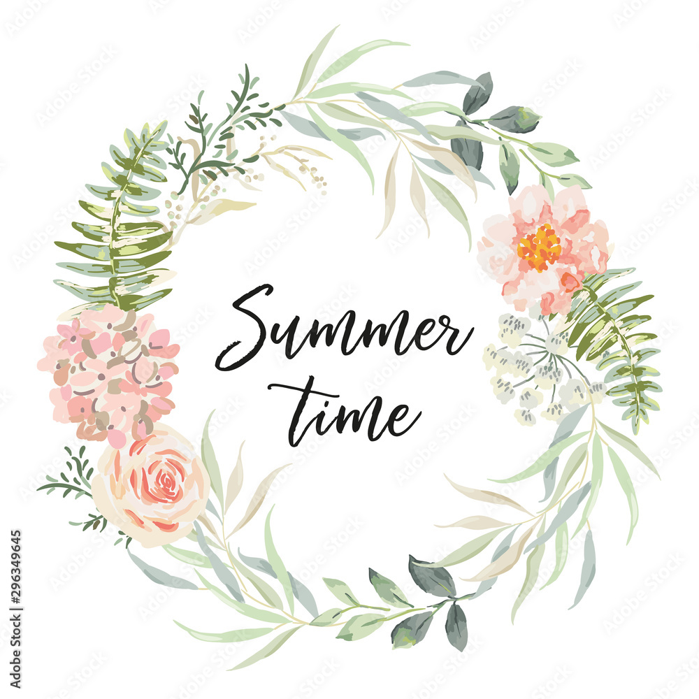 Floral wreath with text Summer time. Flowers, forest green leaves, white background. Wedding invitation circle frame. Pink peony, rose. Vector illustration. Design template greeting card Floral wreath with text Summer time. Flowers, forest green leaves, white background. Wedding invitation circle frame. Pink peony, rose. Vector illustration. Design template greeting card