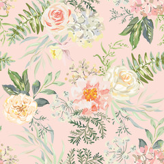 Fototapete Rosenmuster Rosa Pfingstrosen Bouquet auf Pfirsich  © ojardin