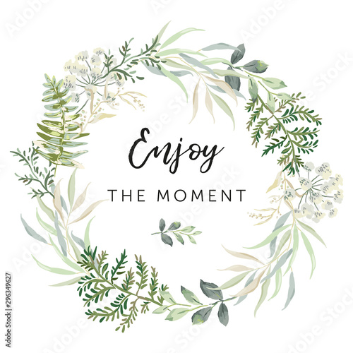 Delicate greenery wreath, forest green leaves, white background. Wedding invitation circle frame. Vector illustration. Floral arrangement. Design template greeting card