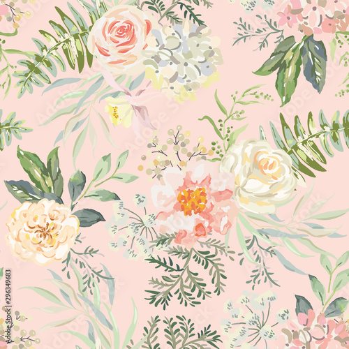 Pink rose, peony flowers with green leaves bouquets, peach background. Floral illustration. Vector seamless pattern. Botanical design. Nature summer plants. Romantic wedding