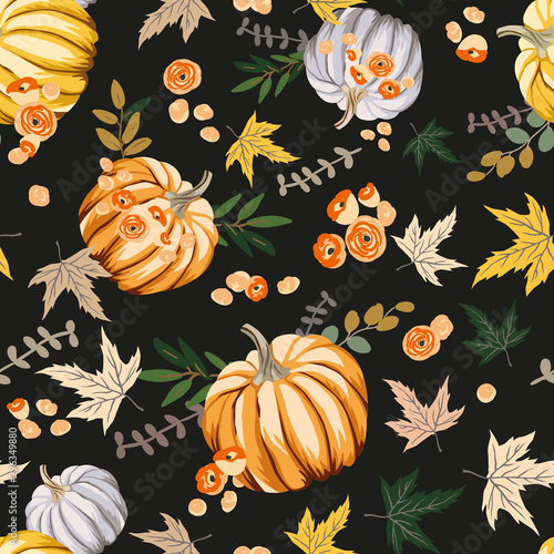 Autumn orange pumpkins, flowers, leaves, black background. Vector seamless pattern. Fall season illustration. October harvest. Organic vegetable garden food. Nature design. Thanksgiving day