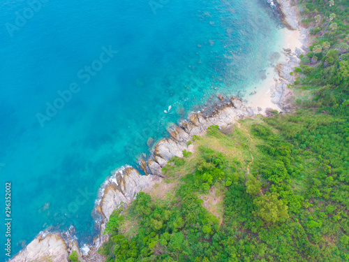 Aerial view sea island beach with green tree