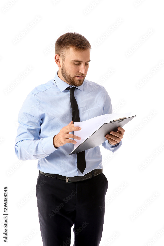 Portrait of handsome businessman with documents on white background Portrait of handsome businessman with documents on white background