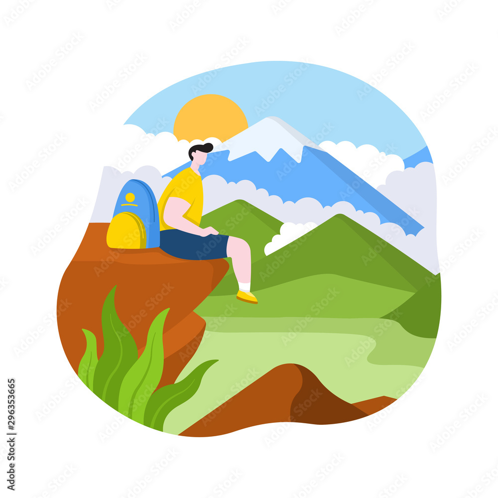 Hiker Man Sitting on Top of Mountain Beautiful View Flat Design Illustration Hiker Man Sitting on Top of Mountain Beautiful View Flat Design Illustration