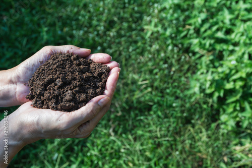 Hand of male holding soil in the hands for planting with copy space for insert text.