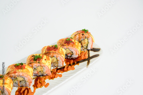 Japanese roll salmon cheese smoked with vegetable filled set