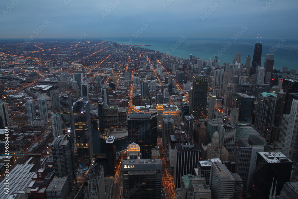 Chicago skyline from the top at sunset