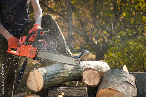Chainsaw that stands on a heap of firewood in the yard on a beautiful background of green grass and forest. Cutting wood with a motor tester