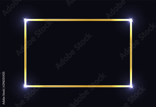 Gold shiny glowing vintage frame with shadows isolated on dark blue background. Golden luxury realistic rectangle border. Vector