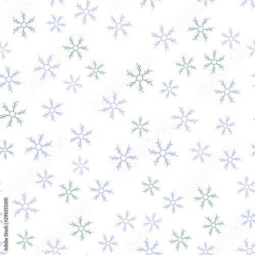 Snowflakes in different shapes and forms. Merry Christmas and New Year seamless vector pattern. Colorful background for Xmas.
