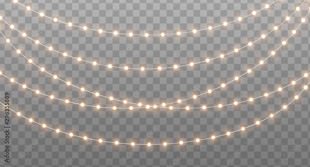 Christmas garland isolated on transparent background. Glowing yellow light bulbs with sparkles. Xmas, New Year, wedding or Birthday decor. Party event decoration. Winter holiday season element.