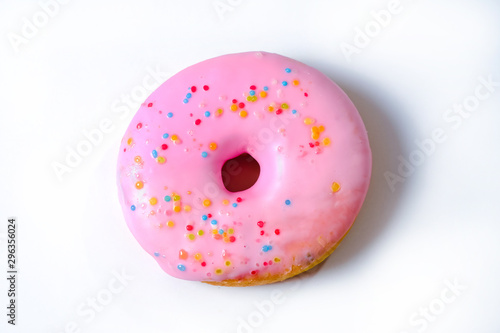 Delicious colorful donuts on white background.